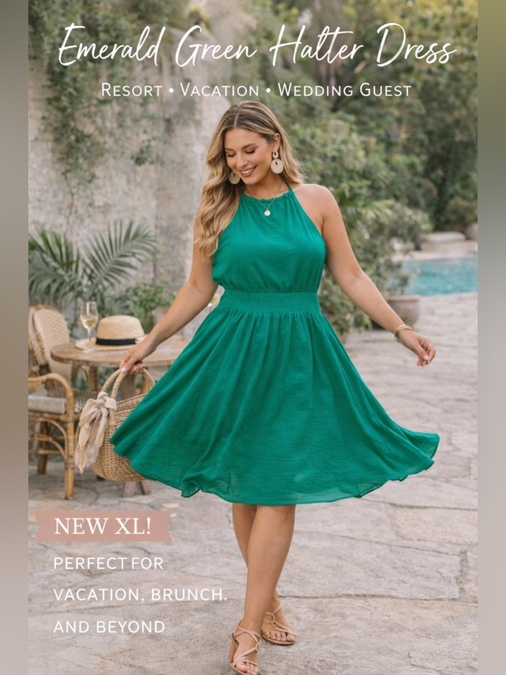 NSR Emerald Green Halter Midi Dress XL NWT Resort Vacation Wedding Guest